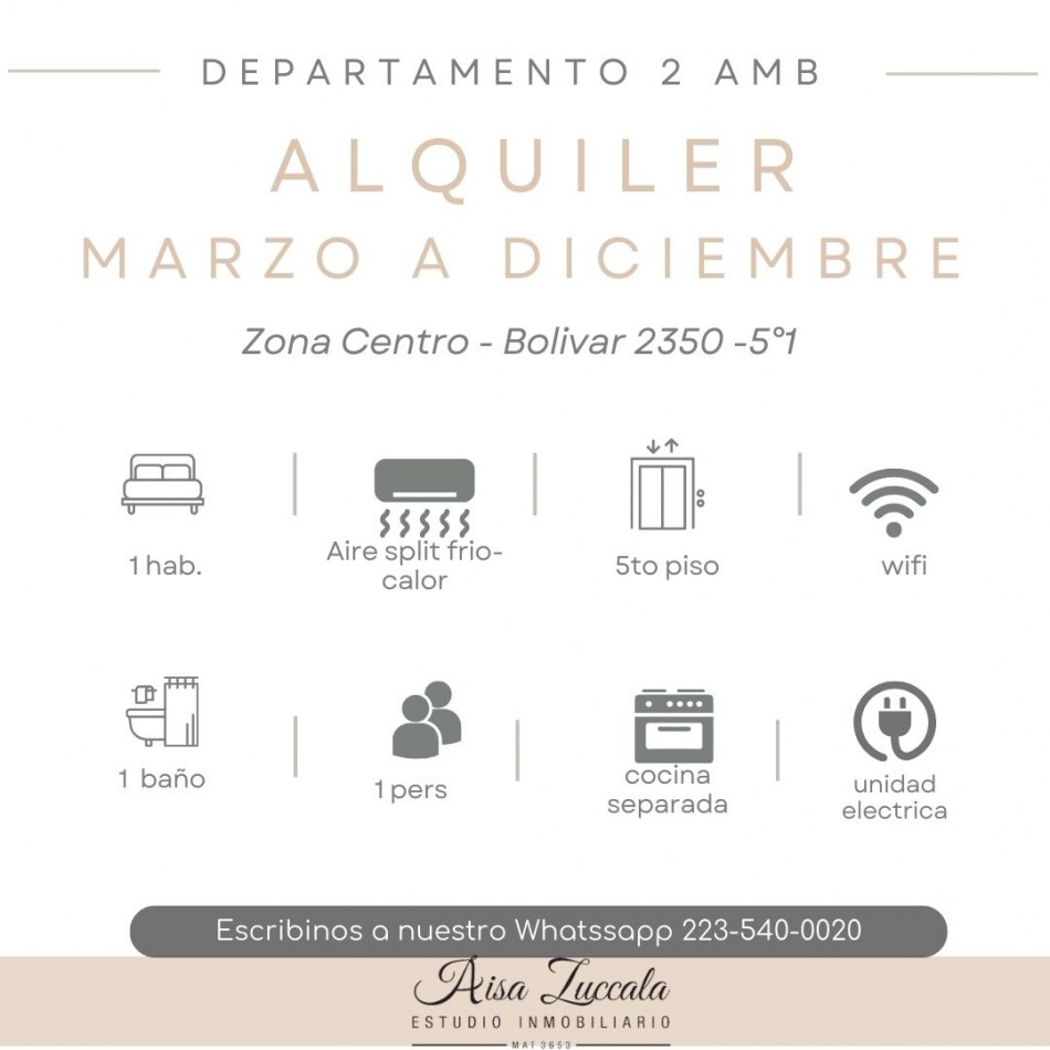 ALQUILER MARZO A  DICIEMBRE - ZONA CENTRO
