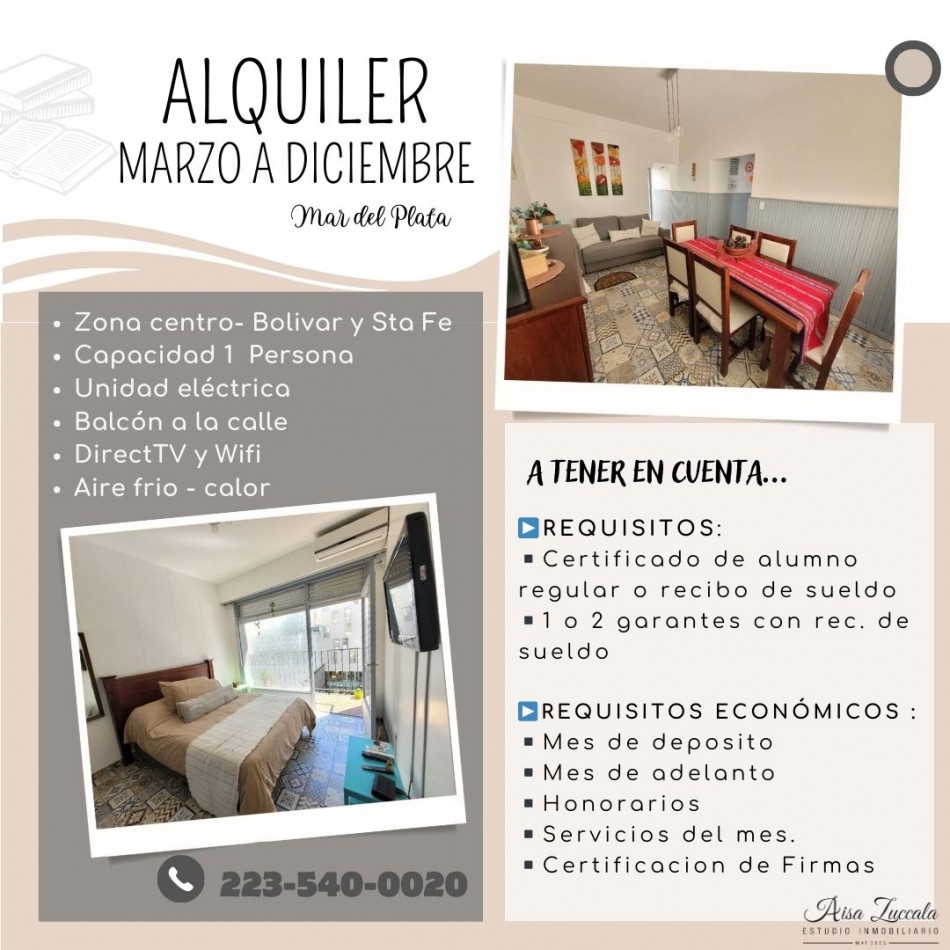ALQUILER MARZO A  DICIEMBRE - ZONA CENTRO