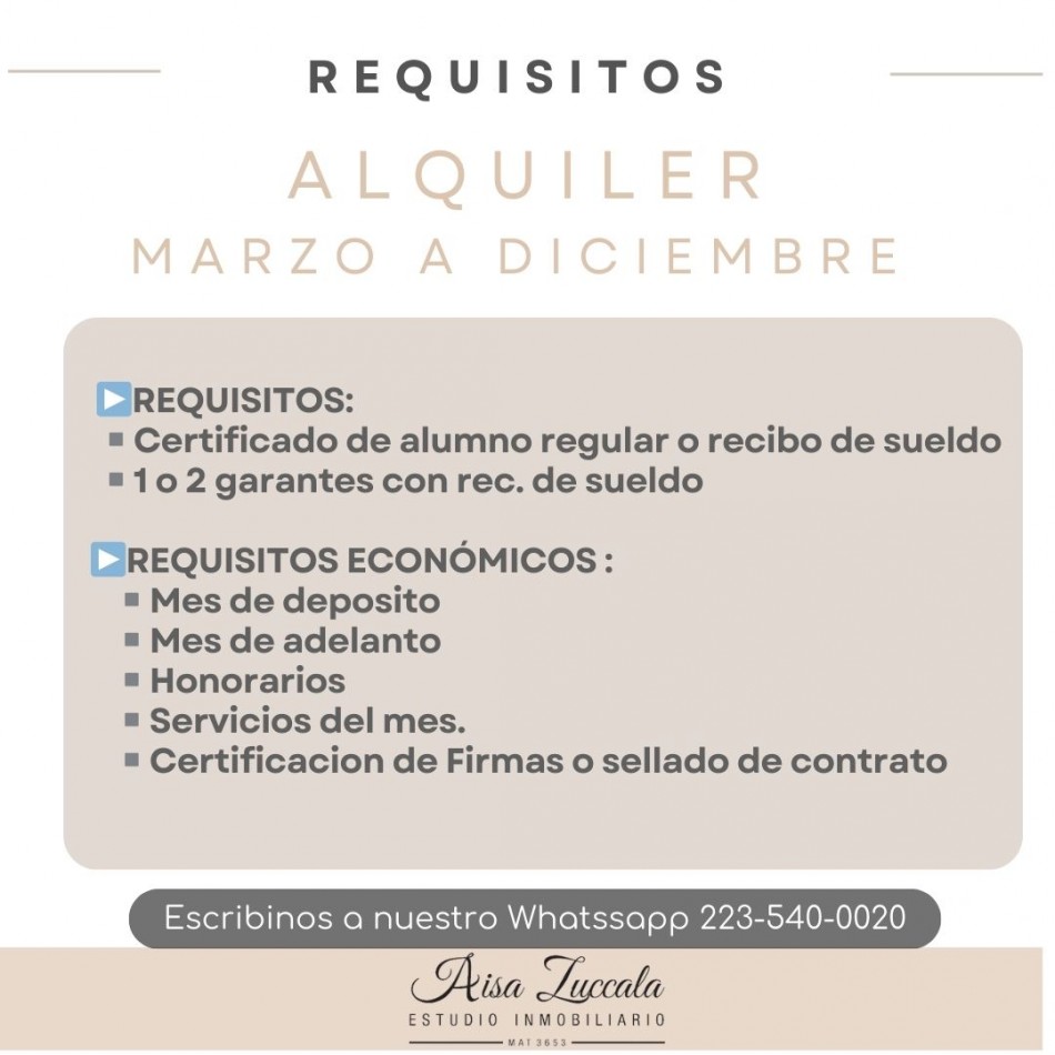 ALQUILER MARZO A DICIEMBRE - ZONA TORREON 