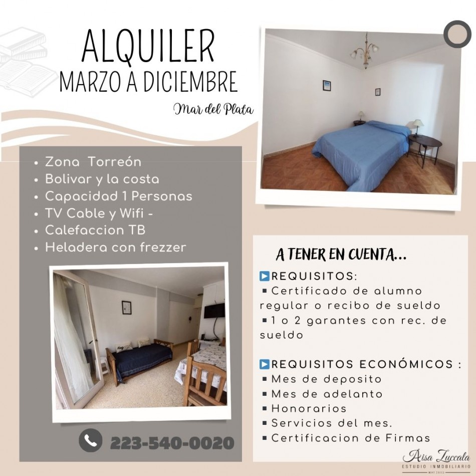 ALQUILER MARZO A DICIEMBRE - ZONA TORREON 
